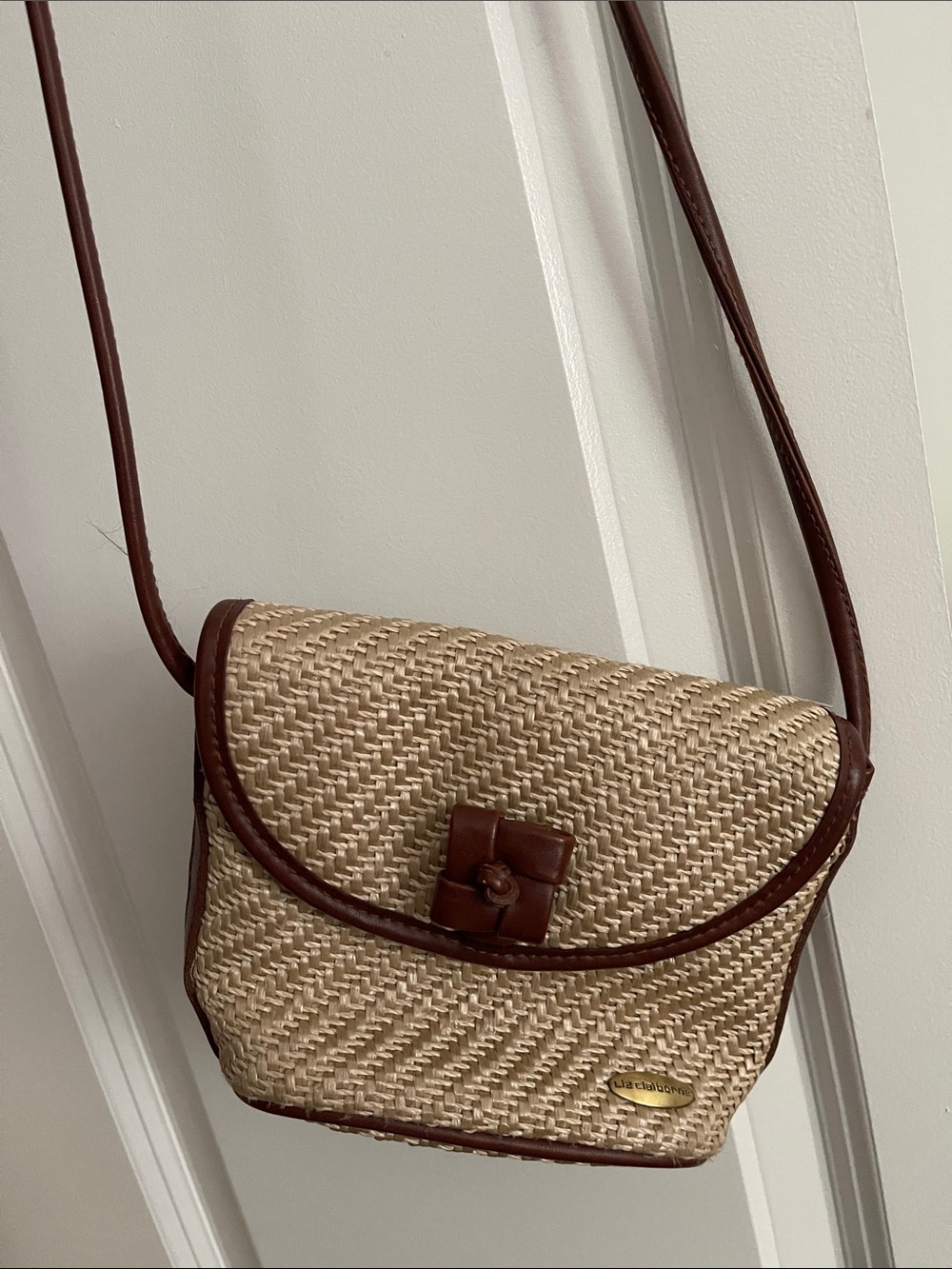 Liz Claiborne Natural Straw Crossbody with Brown Trim
